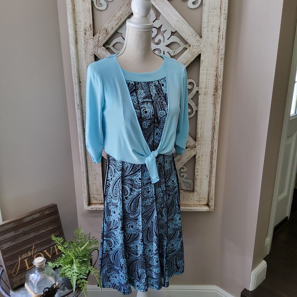 Perceptions Women's Sleeveless Shift Midi Dress with Tie Front Cardigan in Blue